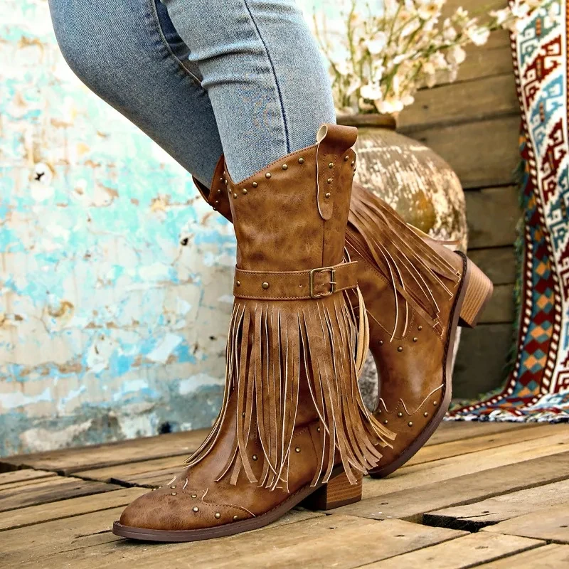 2024 Winter Ethnic Western Cowboy Boots Women Retro Rivet Tassel Punk Belt Buckle Mid-Calf Boots Pointed Toe Square Heels Shoes
2024 Winter Ethnic Western Cowboy Boots Women Retro Rivet Tassel Punk Belt Buckle Mid-Calf Boots Pointed Toe Square Heels Shoes