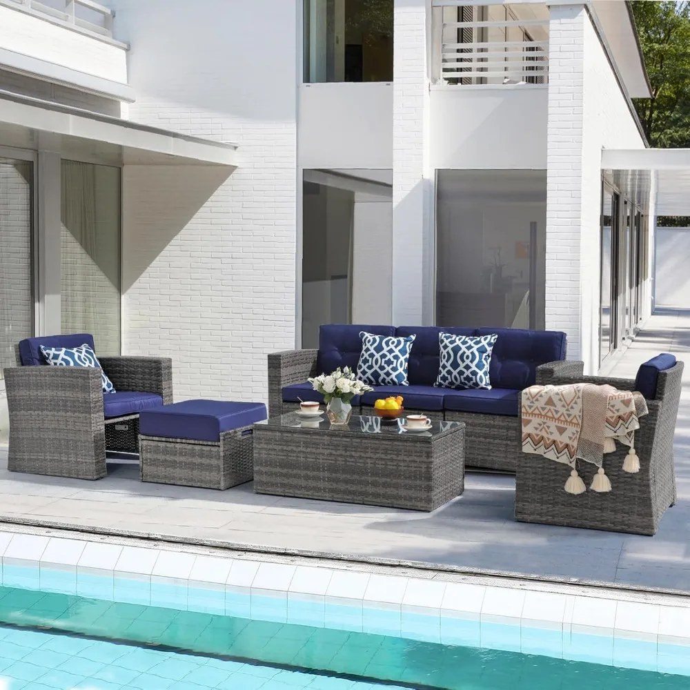 7 Piece Patio Furniture Set, Patio Conversation Sets, All-Weather PE Wicker Outdoor Sectional Sofa with Ottoman, Tempered 7 Piece Patio Furniture Set, Patio Conversation Sets, All-Weather PE Wicker Outdoor Sectional Sofa with Ottoman, Tempered