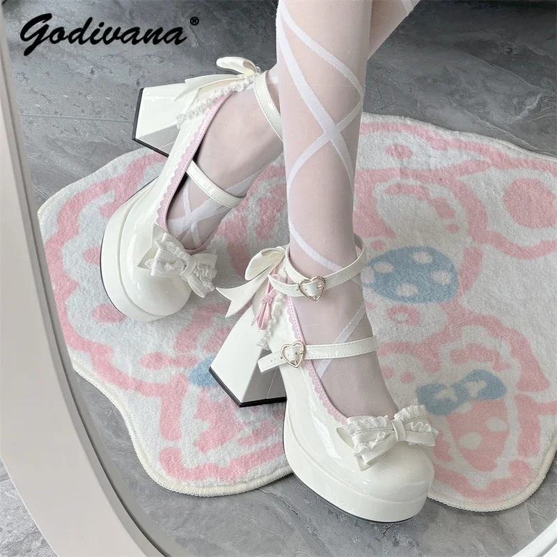 

Lolita Lace Heart Knot Round Toe Shallow Mouth High Heel Elegant Student Women's Japanese Style Chunky Heel Shoes Pumps