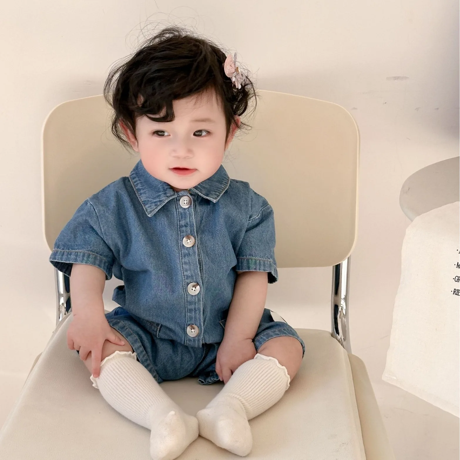 

2024 Summer New Baby Short Sleeve Denim Romper Newborn Toddler Lapel Pocket Jumpsuit Infant Boy Versatile Casual Clothes 0-24M