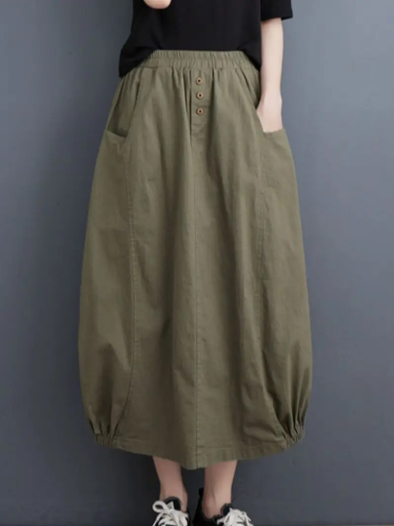 2023 Summer Solid Color Cotton And Linen Art High Waist Skirt Women's Casual Elastic Waist Vintage Mid-calf Button A-line Skirt 
2023 Summer Solid Color Cotton And Linen Art High Waist Skirt Women's Casual Elastic Waist Vintage Mid-calf Button A-line Skirt