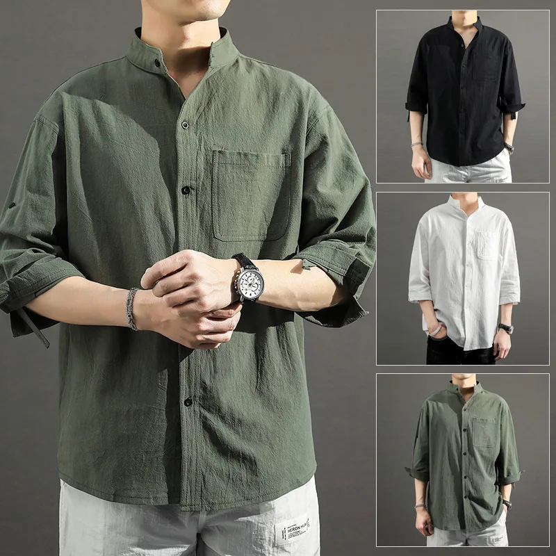 Summer New Cotton and Linen Japanese Casual Three-quarter Sleeve Men's Shirt Thin Section Loose Stand-up Collar Top
Summer New Cotton and Linen Japanese Casual Three-quarter Sleeve Men's Shirt Thin Section Loose Stand-up Collar Top