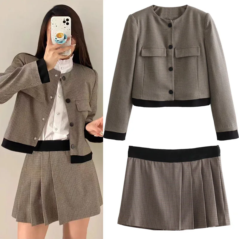 

TRAF O-Neck Houndstooth Cropped Jackets Woman Vintage England Long Sleeve Short Blazer Suits Button Outwear+Wide Pleated Skirts