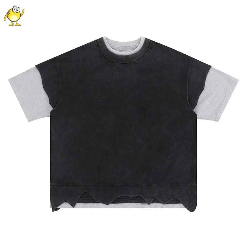 

2024 High Street Double Layered Splice Oversize T-shirts Men Woman Heavy Fabric Casual Top Quality Hip Hop Tee