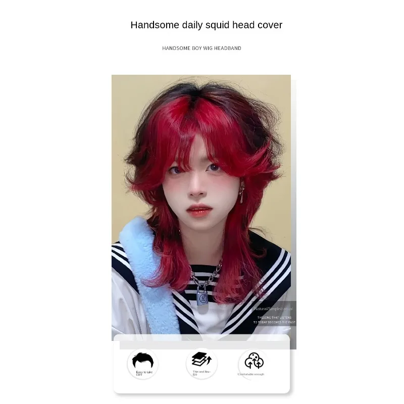 

Wigs for men and women universal short curly hair red coloring wolf tail anime cos daily fluffy mullet head full head cover type