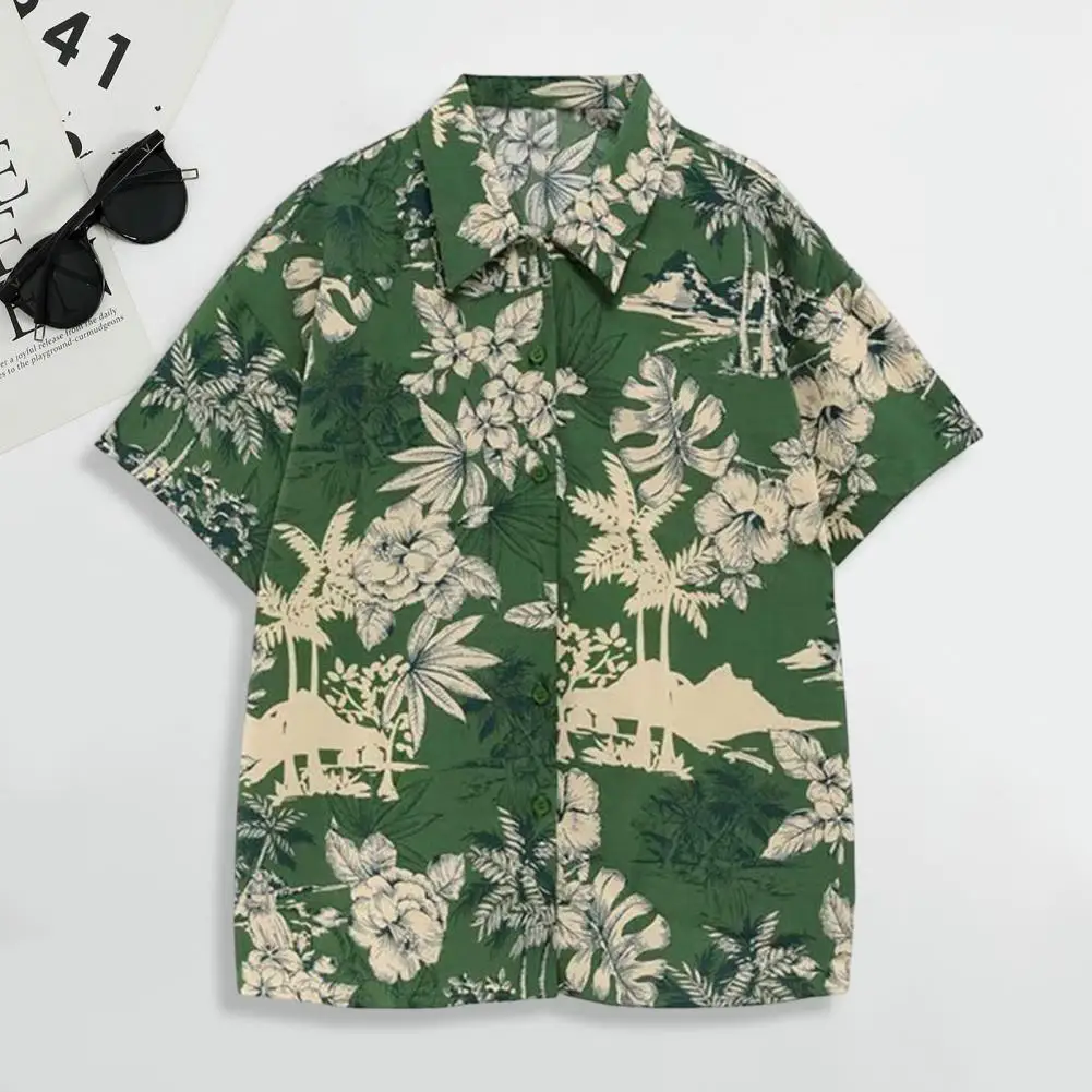 

Summer Shirt Buttons Closure Turn-down Collar Summer Floral Leaves Print Hawaiian Shirt Quick Drying Men Top Streetwear