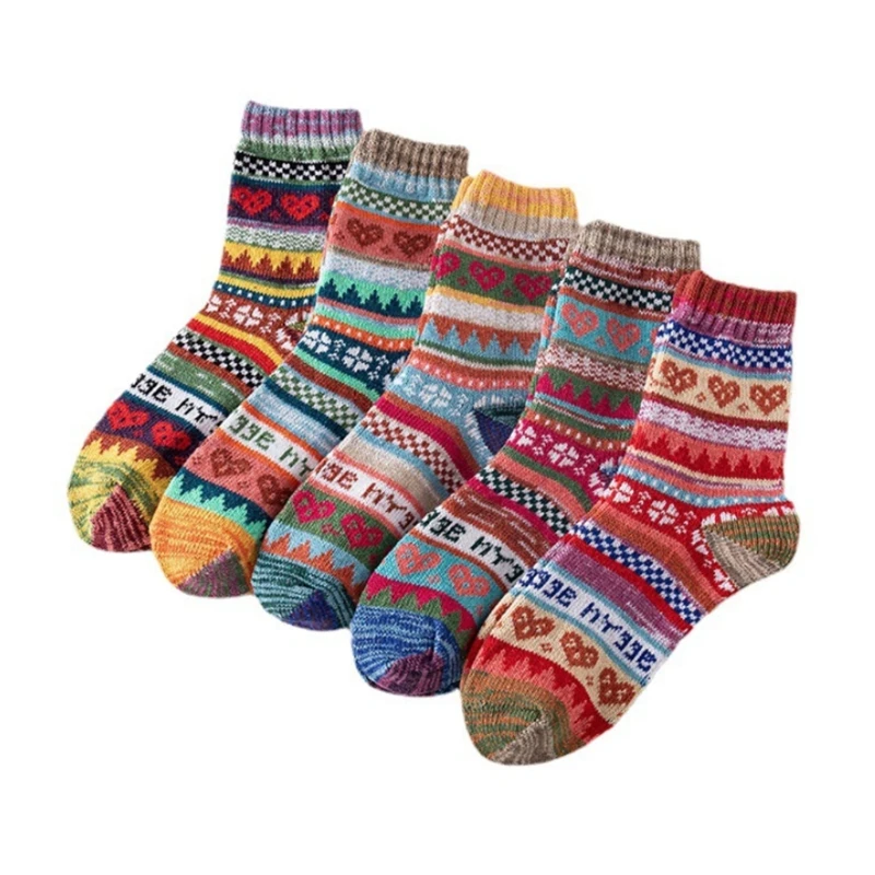 

5 пар женских зимних теплых вязаных носков из искусственной шерсти в этническом стиле, разноцветные, с геометрическим узором и в
