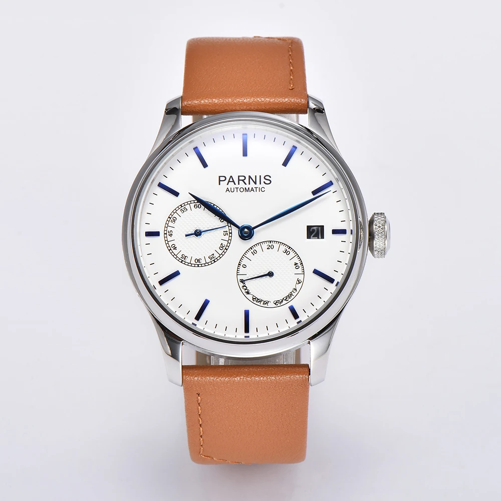 

Fashion Parnis 43mm White Dial Automatic Mechanical Men's Watch Brown Leather Strap Calendar Men Watches reloj hombre 2023 Gift