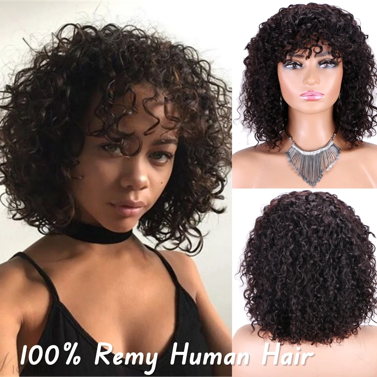 

Short Bob Kinky Curly Human Hair Wig With Bangs Black Human Hair Wigs for Women Afro Full Machine Made Natural Closure Hair Wigs