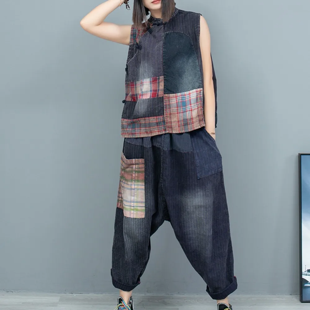 

Plaid Patchwork Old Fabric Diagonal Buckle Vest + Harem Pants Two-piece Set Women 2024 Spring Summer Fashion Pant Set LX1039