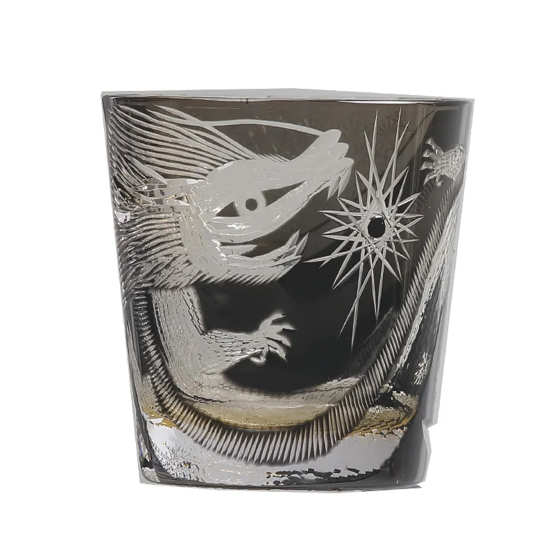 

Стеклянный стакан для виски Edo Kiriko ручной работы, 320 мл, черный, с китайским рисунком Loong, ручная работа