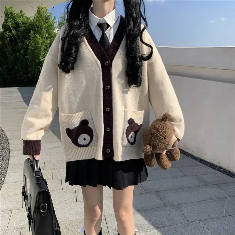 

Милый женский свитер Y2k, осень 2022, японская школьная форма Jk, милая школьная форма в стиле преппи, кардиган с милым медведем и мультяшным принтом, вязаные свитера