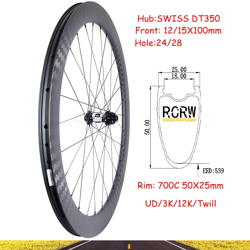 700C 50X25mm Road Front Wheelset Carbon Rim 12K Twill 24/28 Hole Deep 50 Wide 25 Clincher SWISS DT350 Center Lock 12/15X100 Hub
700C 50X25mm Road Front Wheelset Carbon Rim 12K Twill 24/28 Hole Deep 50 Wide 25 Clincher SWISS DT350 Center Lock 12/15X100 Hub
