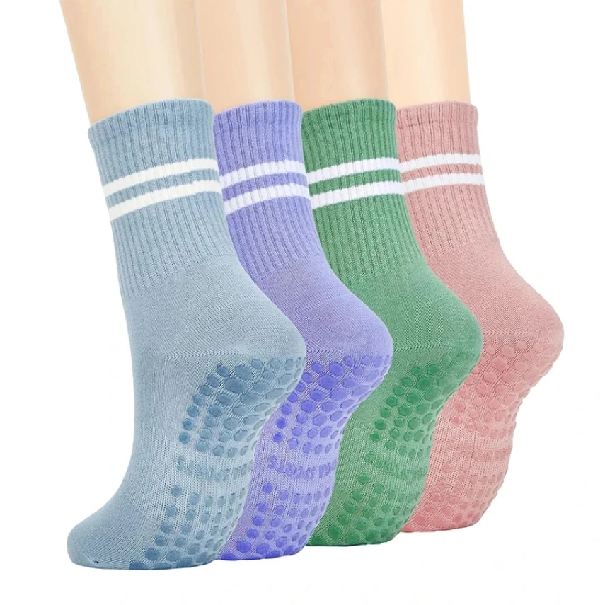 

4pairs Women Anti-skid Yoga Socks Grips Cotton Mid-tube Bottom Breathable Fitness Dance Barre Workout Pilates Socks