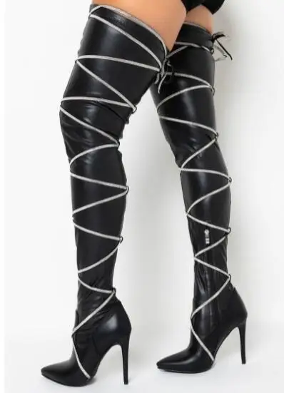 

New Woman Black Matte Leather White Ropes Cross Tied Stiletto High Heel Pointed Toe Over The Knee Slim Thigh Long Boots Shoes