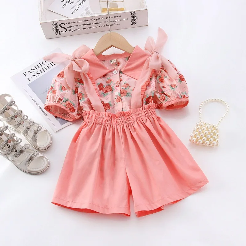 

Baby Girls Clothing Sets Summer Cotton Flower Print Short Sleeve Shirt+Overall Pant Pink Outfit For 2-7Years Kids Clothes