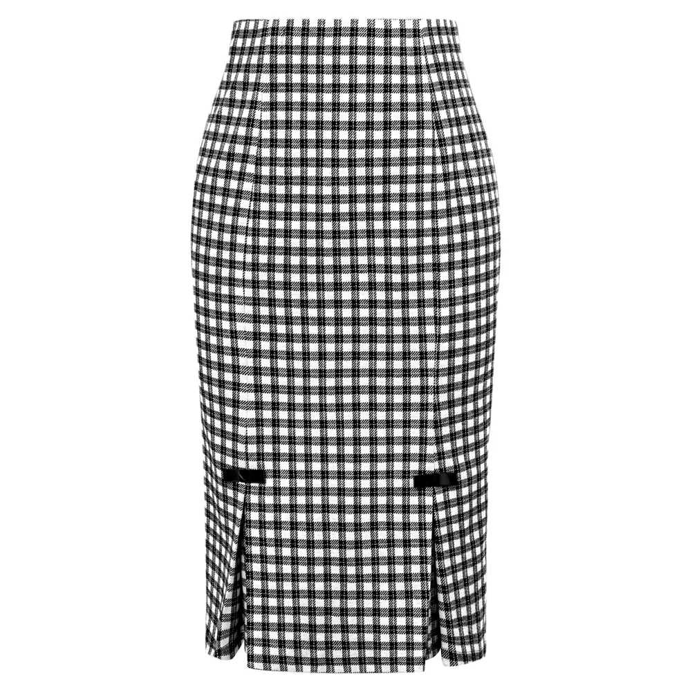 

BP Women Vintage Retro Plaided Skirts With Bow-knot High Waist Slim Fit Hips-wrapped Below Knee Fashion Elegant Bodycon Skirt