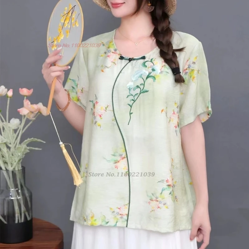 

2024 chinese vintage blouse national flower print folk blouse retro hanfu tops ethnic o-neck loose blouse traditional streetwear