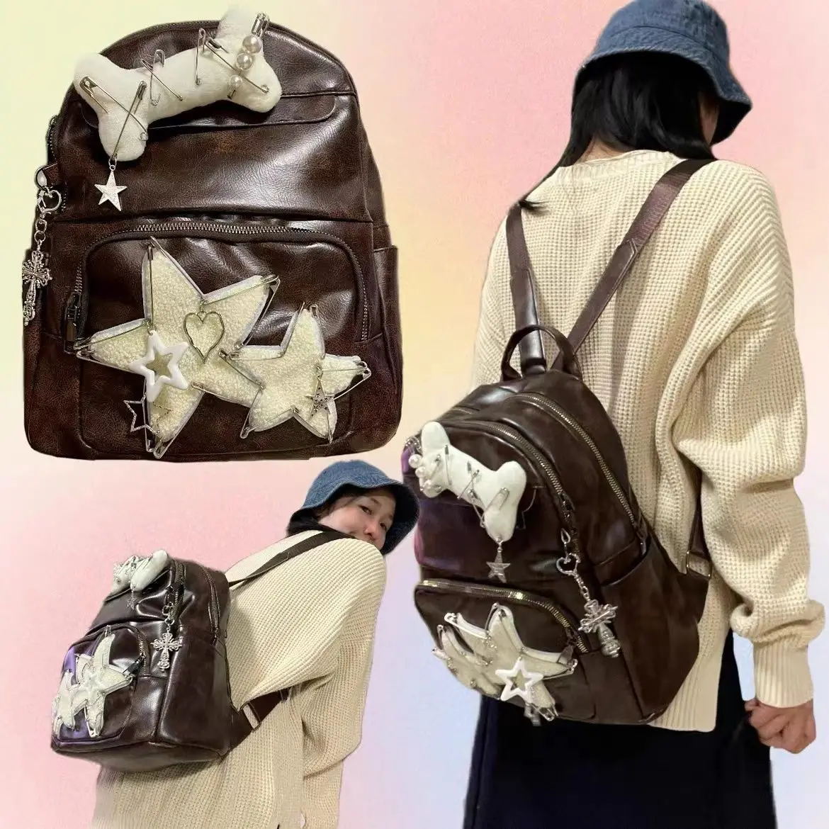 

Винтажные уличные рюкзаки в стиле пэчворк со звездами, индивидуальные школьные сумки в готическом стиле и стиле панк на цепочке, женские сумки через плечо Y2k