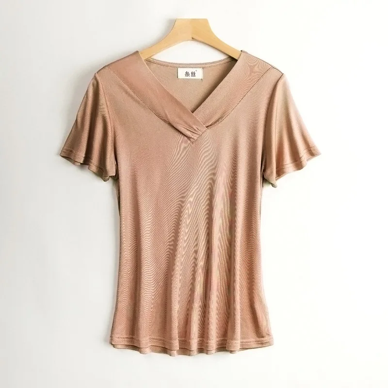 Discount Mulberry Silk Short-sleeved T-shirt Women's Summer Solid Fold Collar Top Versatile Thin V-neck Straight Undercoat Shirt
Discount Mulberry Silk Short-sleeved T-shirt Women's Summer Solid Fold Collar Top Versatile Thin V-neck Straight Undercoat Shirt