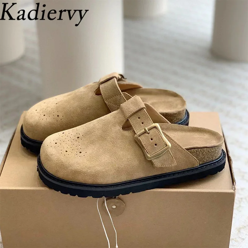 

Luxury Nubuck Leather Flat Slippers Woman Round Toe Metal Buckle Slides Casual Shoes Women Thick Sole Half Slippers Women