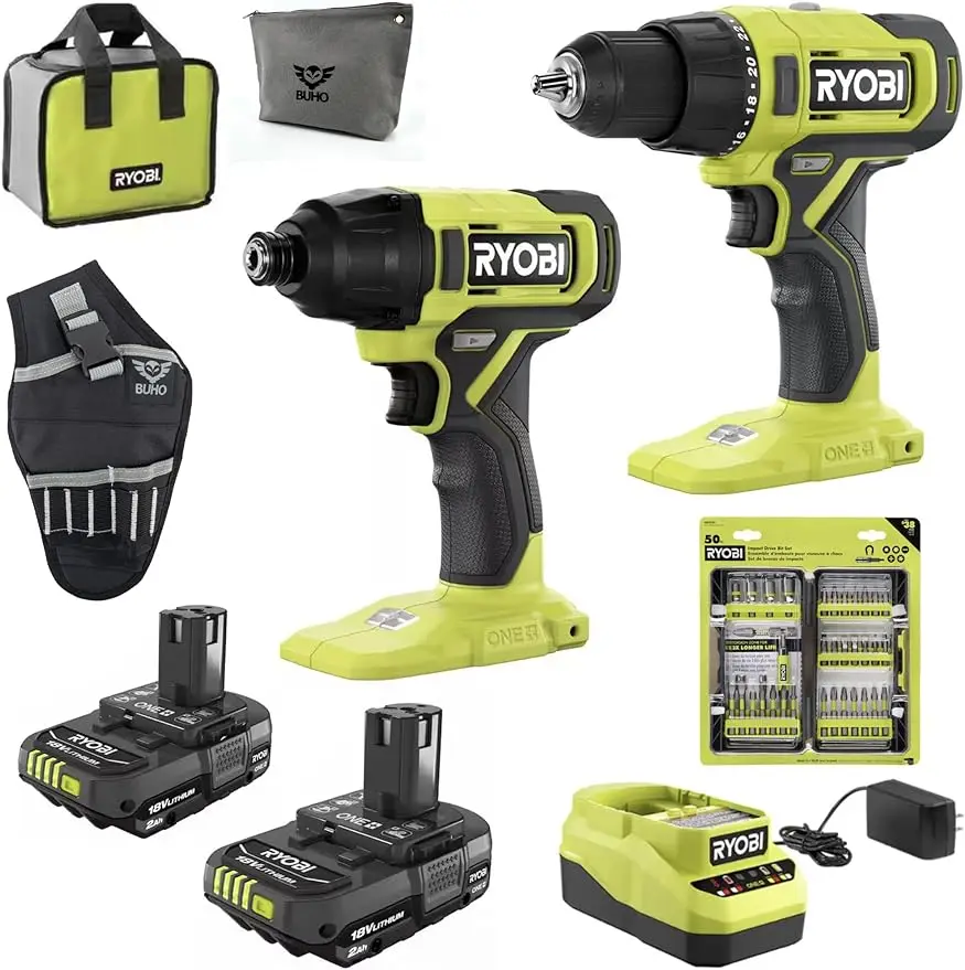 

Cordless 2-Tool Combo Bundle with Ryobi 18-Volt Drill, Impact Driver, 50-Piece Drill Bit Set, (2) 1.5 Ah Batteries, Charger, Too