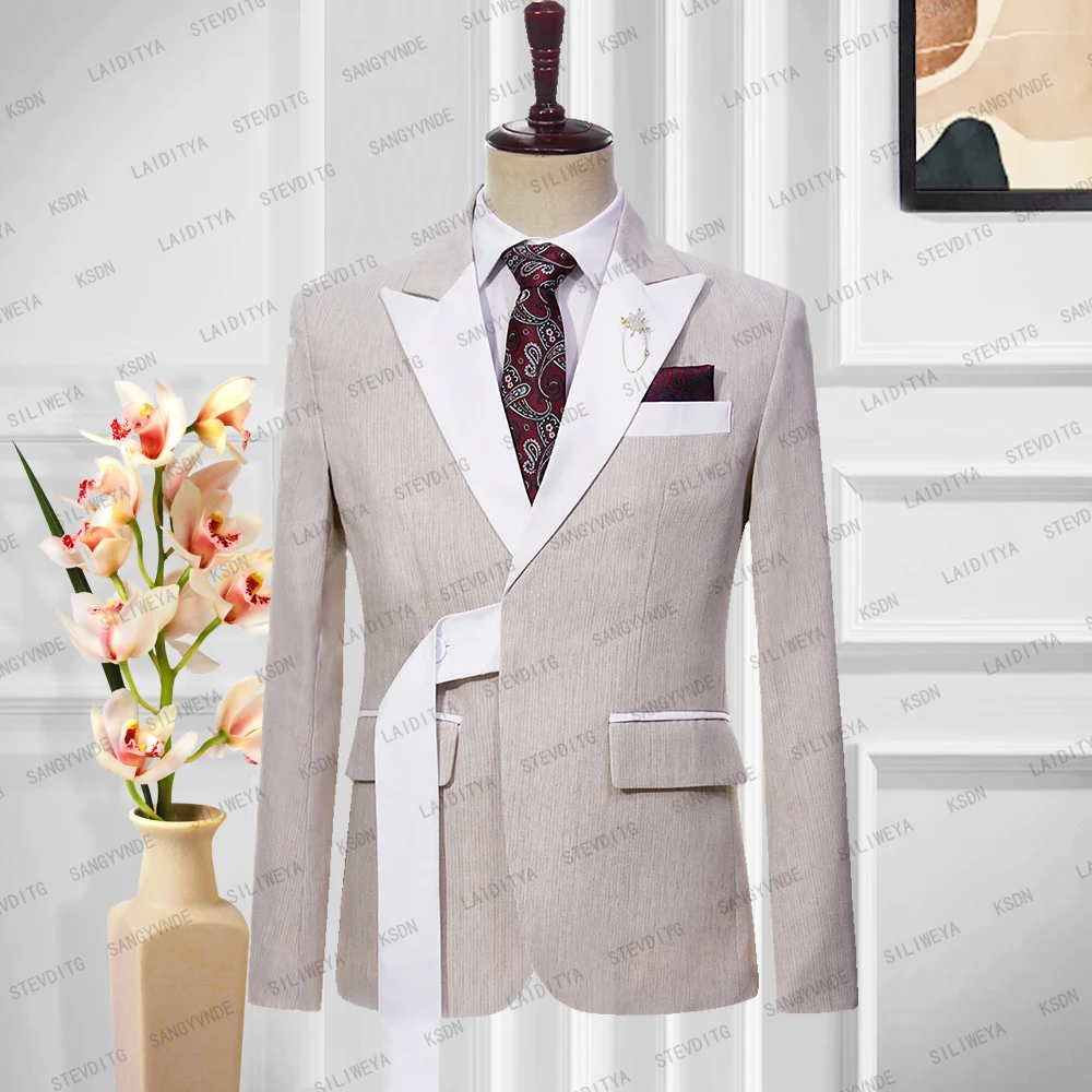 

Мужской деловой костюм из пиджака, цвета хаки и льна, пиджак с запахом, формальный свадебный костюм для джентльмена, Новинка лета 2023