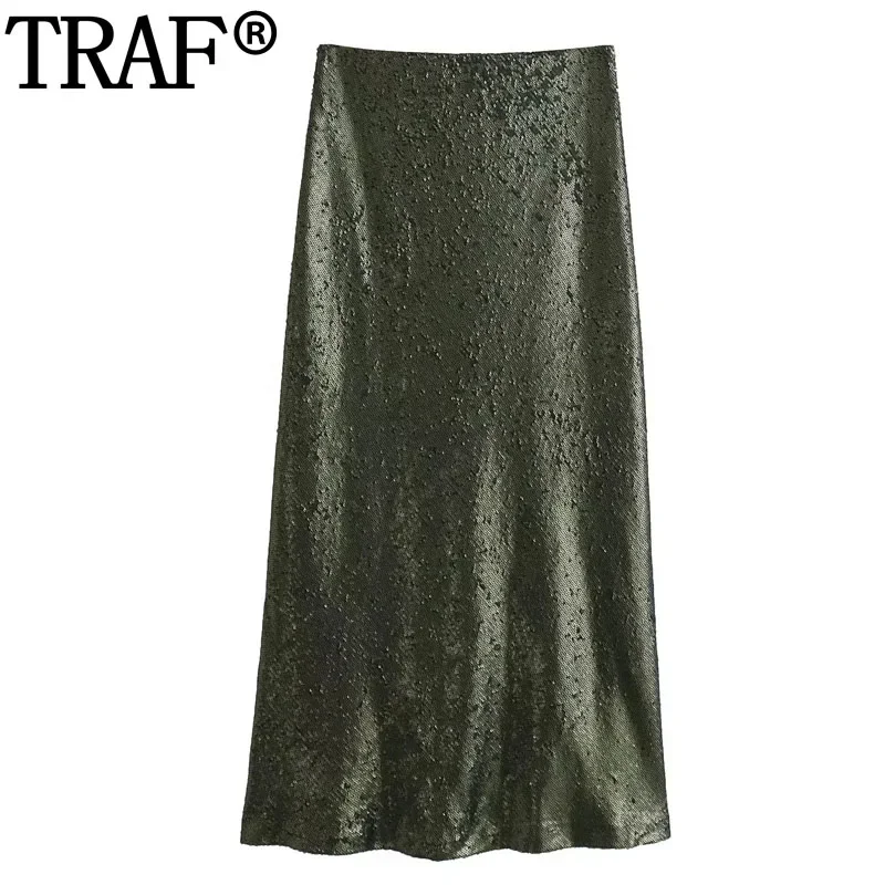 

TRAF Glitter Sequin Skirt Women High Waist Green Woman Skirts Christmas Stylish Long Skirts For Women Autumn Midi Women'S Skirt