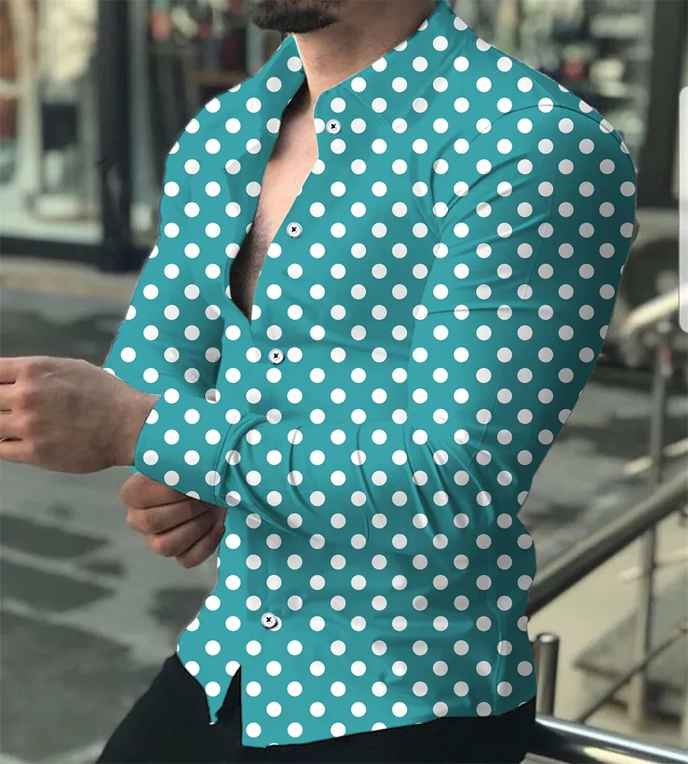 

Men's Hawaiian shirt button up long sleeved polka dot lapel outdoor street clothing fashion casual breathable and comfortable