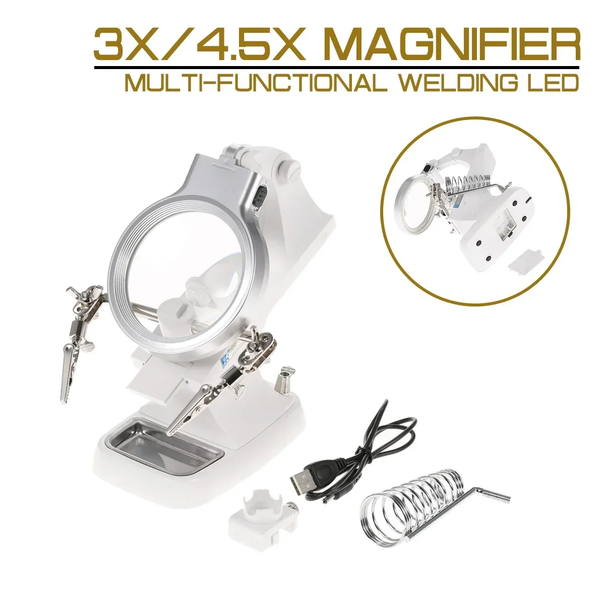 3X/4.5X LED Magnifier Multi-functional Welding Alligator Clip Holder Clamp Helping Hand Soldering Mgnifying Repair Tool
3X/4.5X LED Magnifier Multi-functional Welding Alligator Clip Holder Clamp Helping Hand Soldering Mgnifying Repair Tool