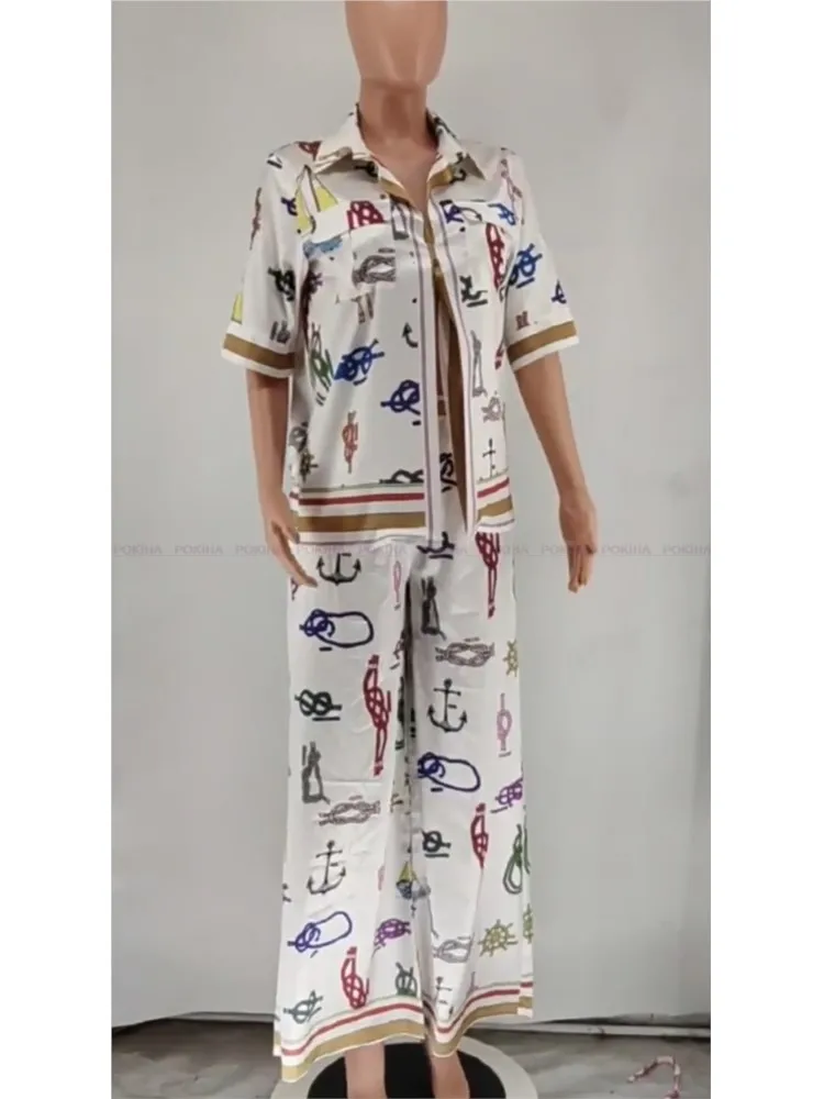 

Женский комплект из 2 предметов, Повседневная Свободная блузка с коротким рукавом и графическим принтом на паруснике, длинные брюки на шнуровке, 2024