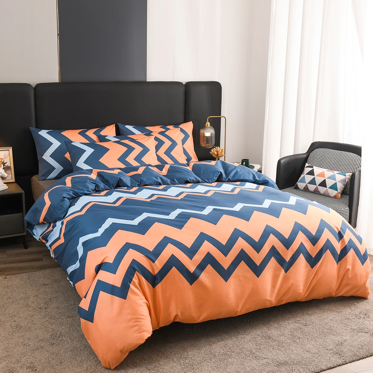 

3 Pieces Comforter Set Retro Abstract Blue Orange Geometric Zig Zag Duvet Cover,Soft Texture Bedding Sets Queen King Double Size