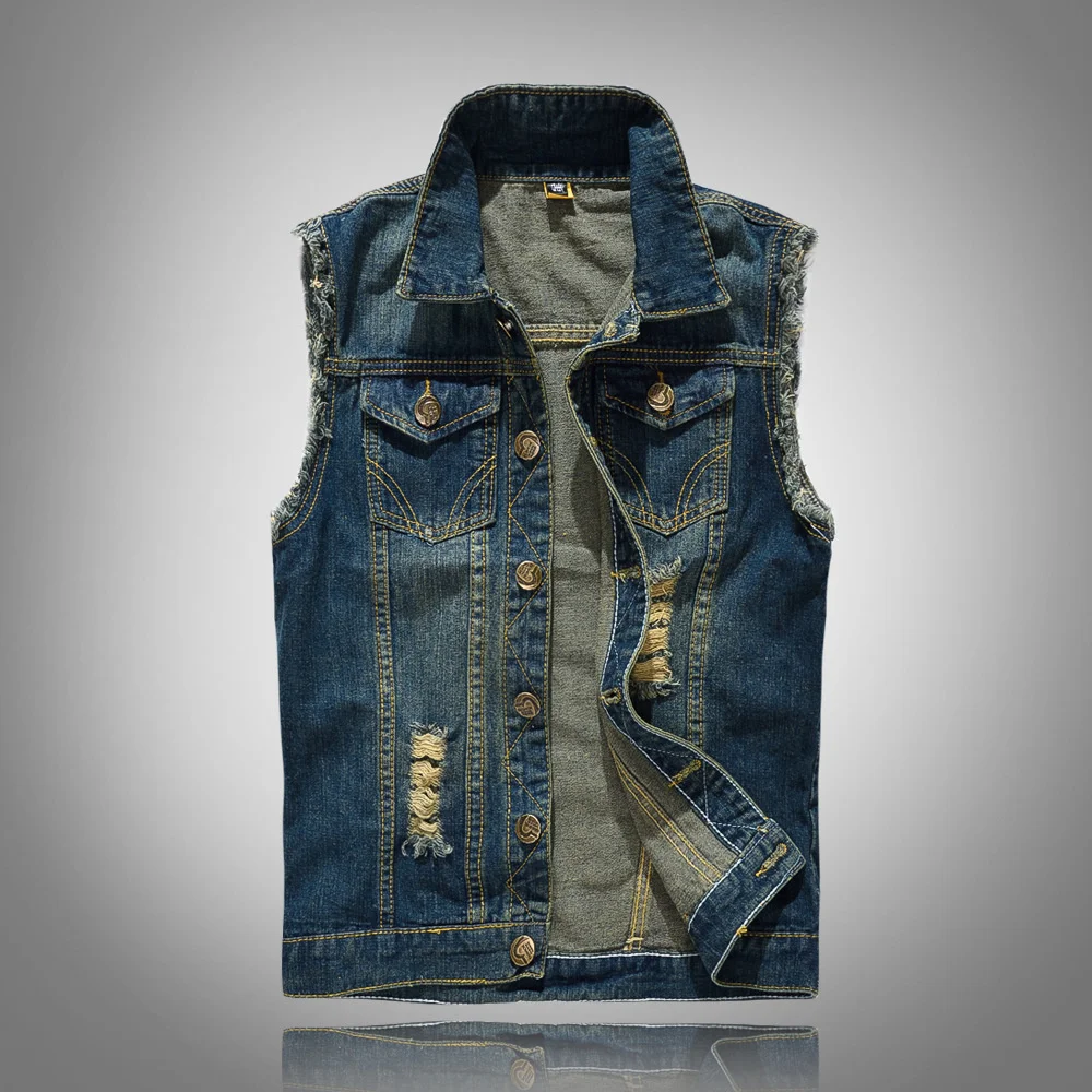 

Summer Denim Vest Sleeveless Jackets Men Washing Cotton Casual Male Fashion Holes Men's Motorcycle Waistcoat Chaleco Hombre