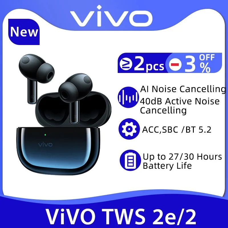 

Vivo TWS 2e Earphone Wireless Bluetooth 5.2 Earbuds Dual Mic Call Noise Cancellation 12.2mm Driver AAC For Vivo X70 Pro X50