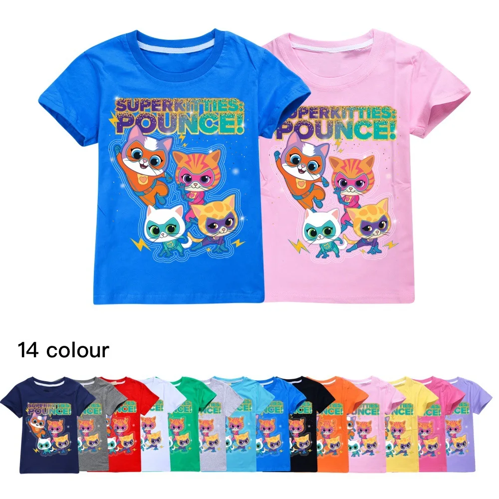 

Anime Super Cats T Shirt Kids SuperKitties Clothes Baby Girls 100%Cotton Short Sleeve Tops Teenager Boys Tees Childrens Clothing