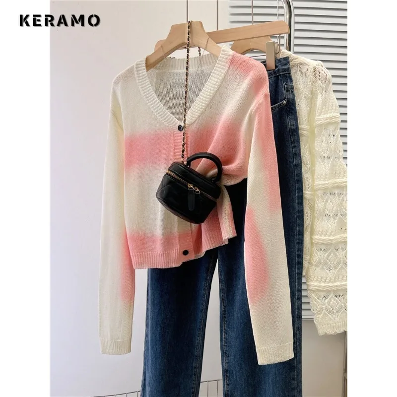 

2023 Autumn Winter Vintage V-Neck Knitting Long Sleeve Cardigans Women Sweet Tie Dye Single Breasted Ladies Loose Sweater