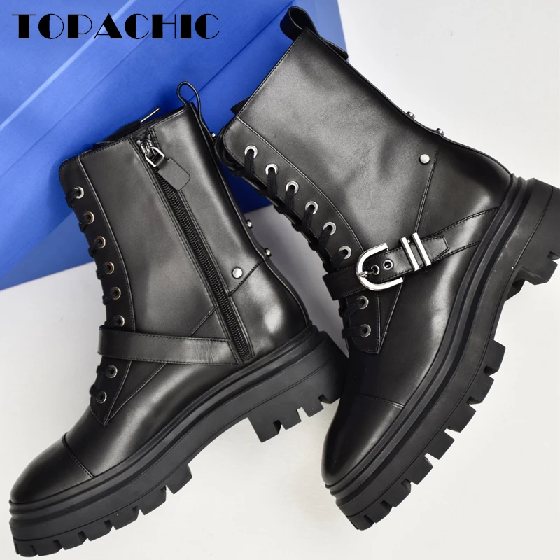 

12.17 TOPACHIC Women's Martin Boots Side Zipper Lace-Up Belt Buckle Genuine Leather Sheepskin Lining Motorcycle Boots