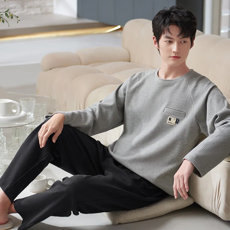 Пижамный комплект мужской, одежда для сна из чистого хлопка, одежда для сна с длинным рукавом, пижама с круглым вырезом, Повседневная Домашняя одежда, осень 
Пижамный комплект мужской, одежда для сна из чистого хлопка, одежда для сна с длинным рукавом, пижама с круглым вырезом, Повседневная Домашняя одежда, осень