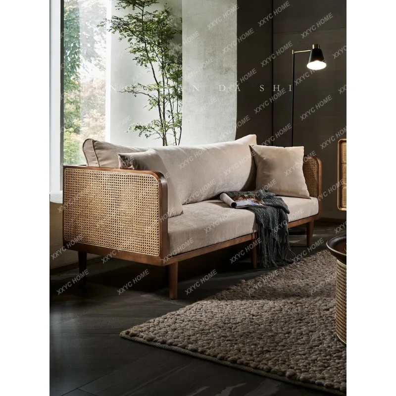 Скандинавская софа из ротанга из цельной древесины, Модель B & B, одинарная трехместная для маленькой квартиры
