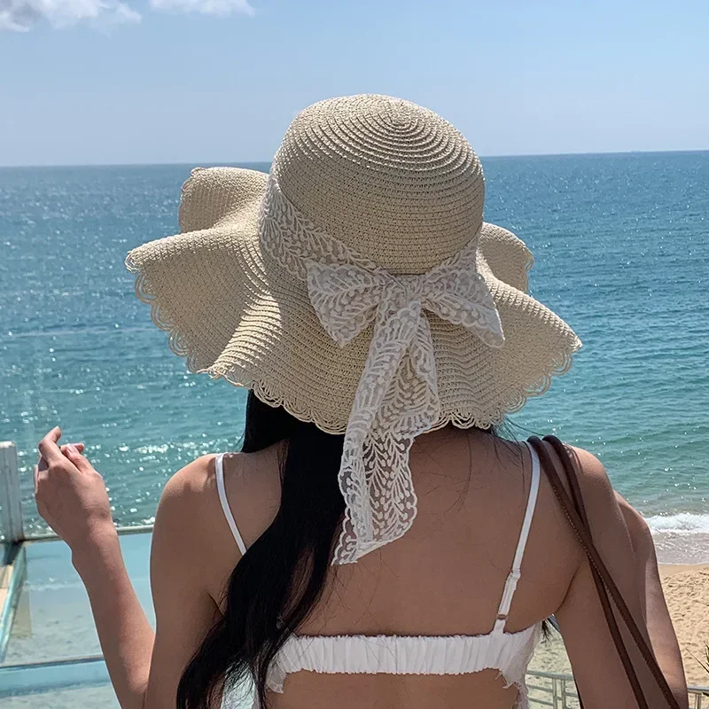 

New Women's Straw Hat Spring and Summer Lace Bow Large Brim Breathable Foldable Sunshade Caps Beach Cap Sweet Fisherman Hat S131