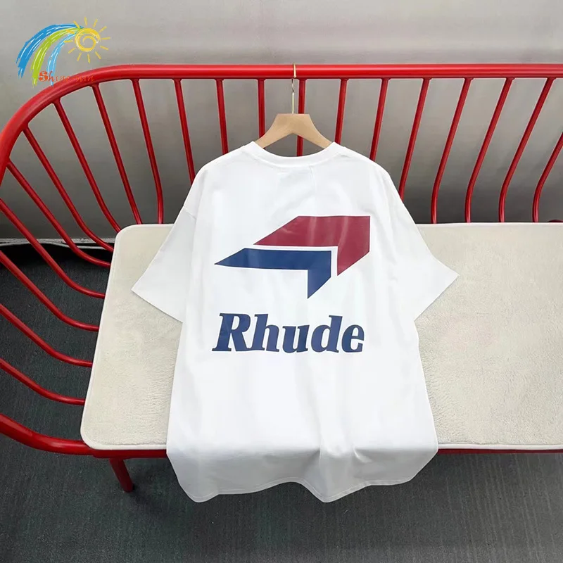 

Classic Track Logo Print Rhude T Shirt Men Women 1:1 Tags Streetwear Patchwork White RHUDE Top Tee Casual Loose Short Sleeve