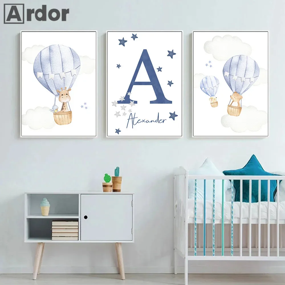 

Baby Nursery Custom Name Art Prints Blue Hot Air Balloon Canvas Poster Giraffe Wall Painting Nordic Posters Kids Room Decoration