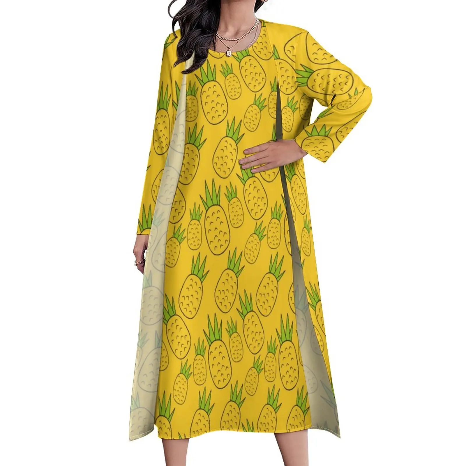 

Cute Pineapple Dress Tropical Fruit Print Vintage Maxi Dress Long Sleeve Bohemia Long Dresses Street Wear Big Size Clothes