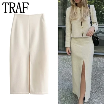Vista deslumbrante: Saia Longa de Malha Plissada TIYIHAILEY para Mulheres 6 TRAF 2024 Beige Pencil Skirt Woman High Waist Midi Skirt With Slit Stylish Long Skirts For Women Elegant Social Women's Skirts