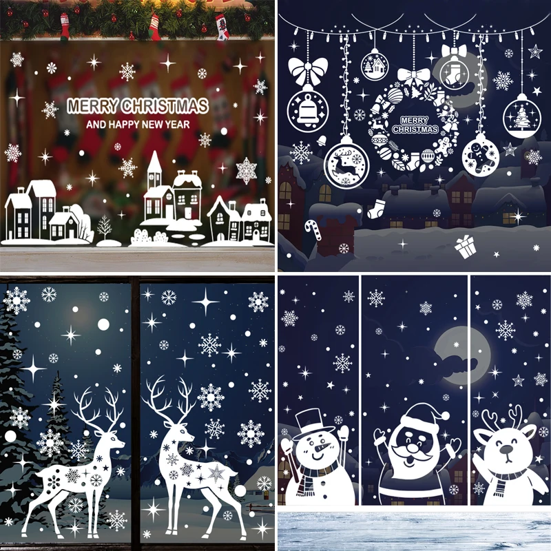 

Merry Christmas Window Stickers Street House Wreath Elk Sticker Christmas Decorations for Home Navidad 2023 Happy New Year 2024
