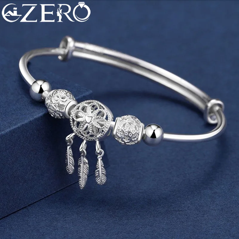 

Adjustable Size 925 Sterling Silver Bangle Cuff Dreamcatcher Tassel Feather Round Bead Charm Bracelet Jewelry For Women Wedding