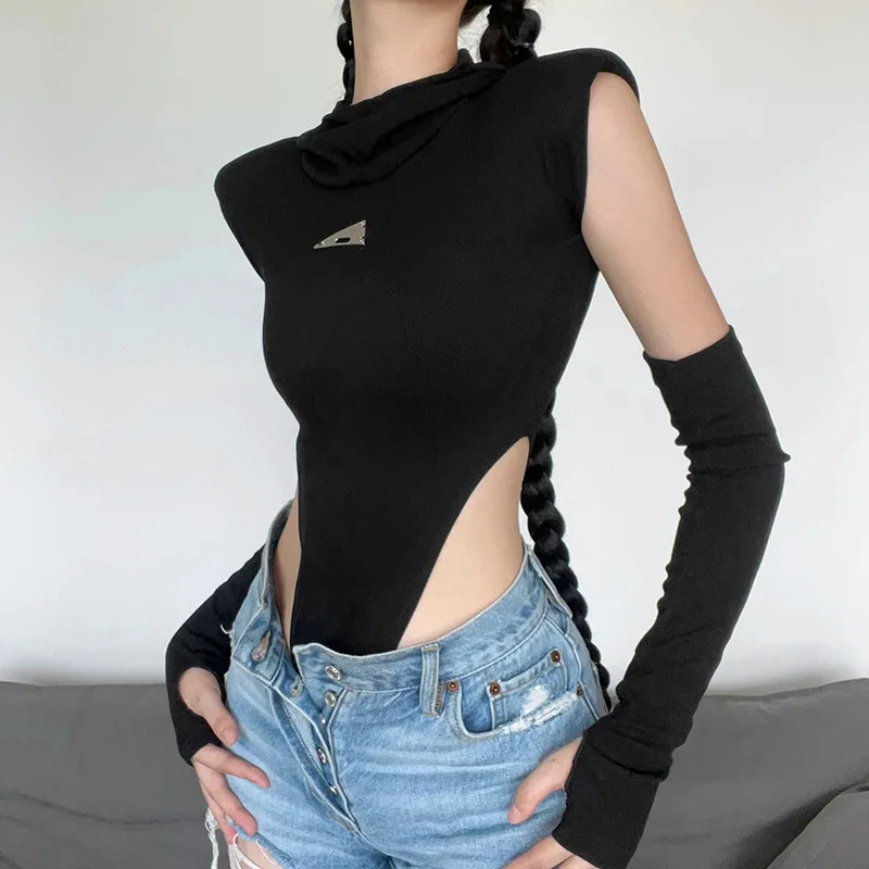 

Y2K Style Black Hooded Bodysuits+Oversleeve Women Grunge Punk Casual Fashion Tank Top Turtleneck Sexy Sleeveless Streetwear