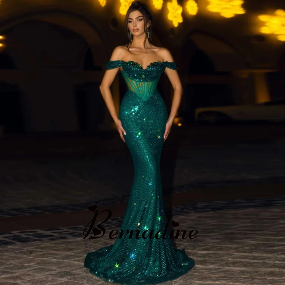 

Bernadine Sparkly Off the Shoulder Prom Evening Dress Mermaid Zipper Rhinestones Sweep Train Robes De Soirée Made To Order