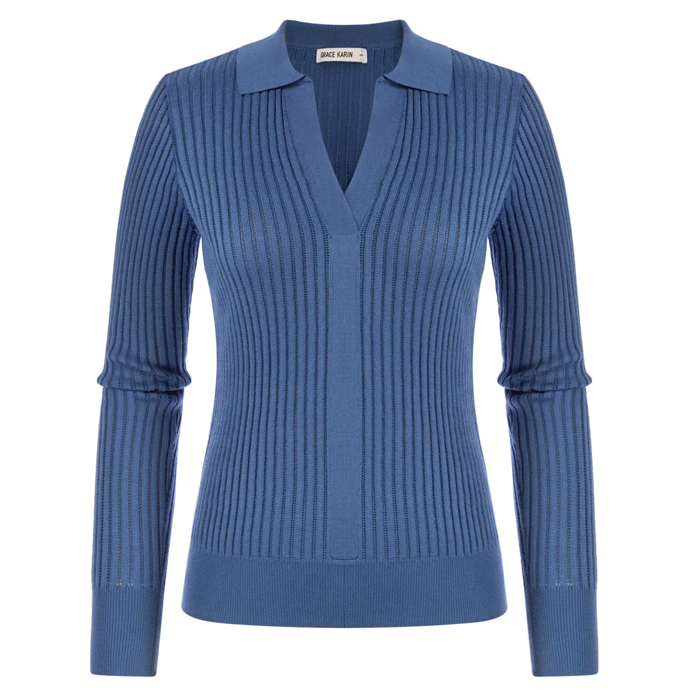 GRACE KARIN Women Ribbed Knitted Sweater Long Sleeve Lapel Collar V-Neck Knitwear Elegant Lady Solid Slim Fit Pullover A30
GRACE KARIN Women Ribbed Knitted Sweater Long Sleeve Lapel Collar V-Neck Knitwear Elegant Lady Solid Slim Fit Pullover A30