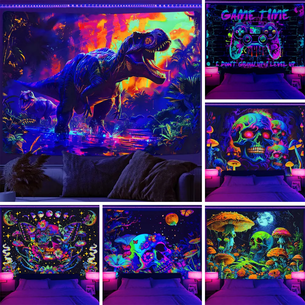 

NYMB Black light Tapestry UV Reactive Cyberpunk Style Psychedelic Dinosaur Skull Wall Hanging Hippie for Bedroom Dorm Room Decor